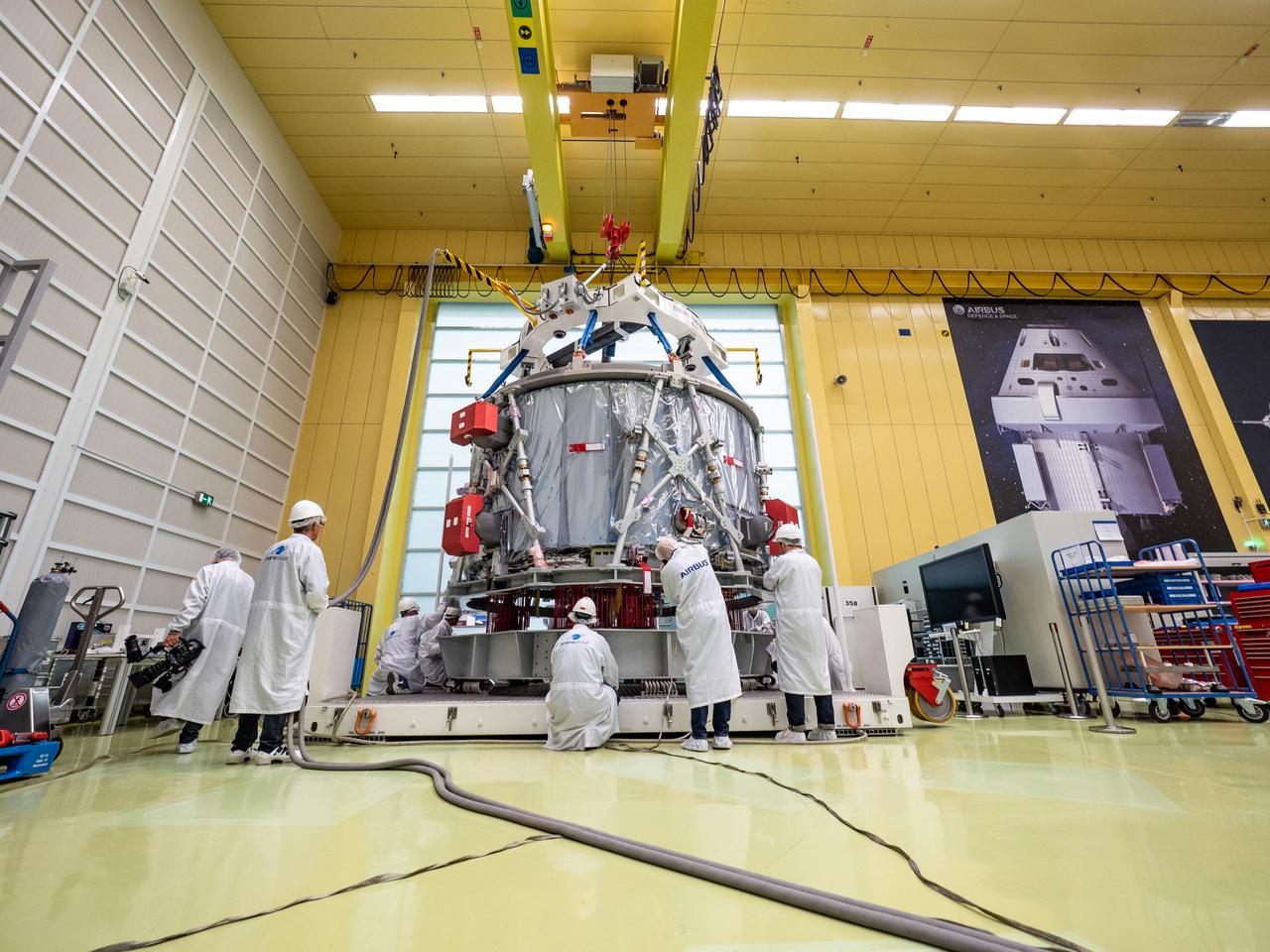 Technicians at the Airbus facility in Bremen, Germany prepare the European Service Module for shipment to Kennedy Space Center on Nov. 1, 2018. The service module will depart Germany on November 5, 2018 and will arrive in the U.S. on November 6...For the first time, NASA will use a European-built system as a critical element to power an American spacecraft, extending the international cooperation of the International Space Station into deep space. The European Service Module is a unique collaboration across space agencies and industry including ESA’s prime contractor, Airbus, and 10 European countries. The completion of service module work in Europe and shipment to Kennedy signifies a major milestone toward NASA’s human deep space exploration missions to the Moon and beyond.