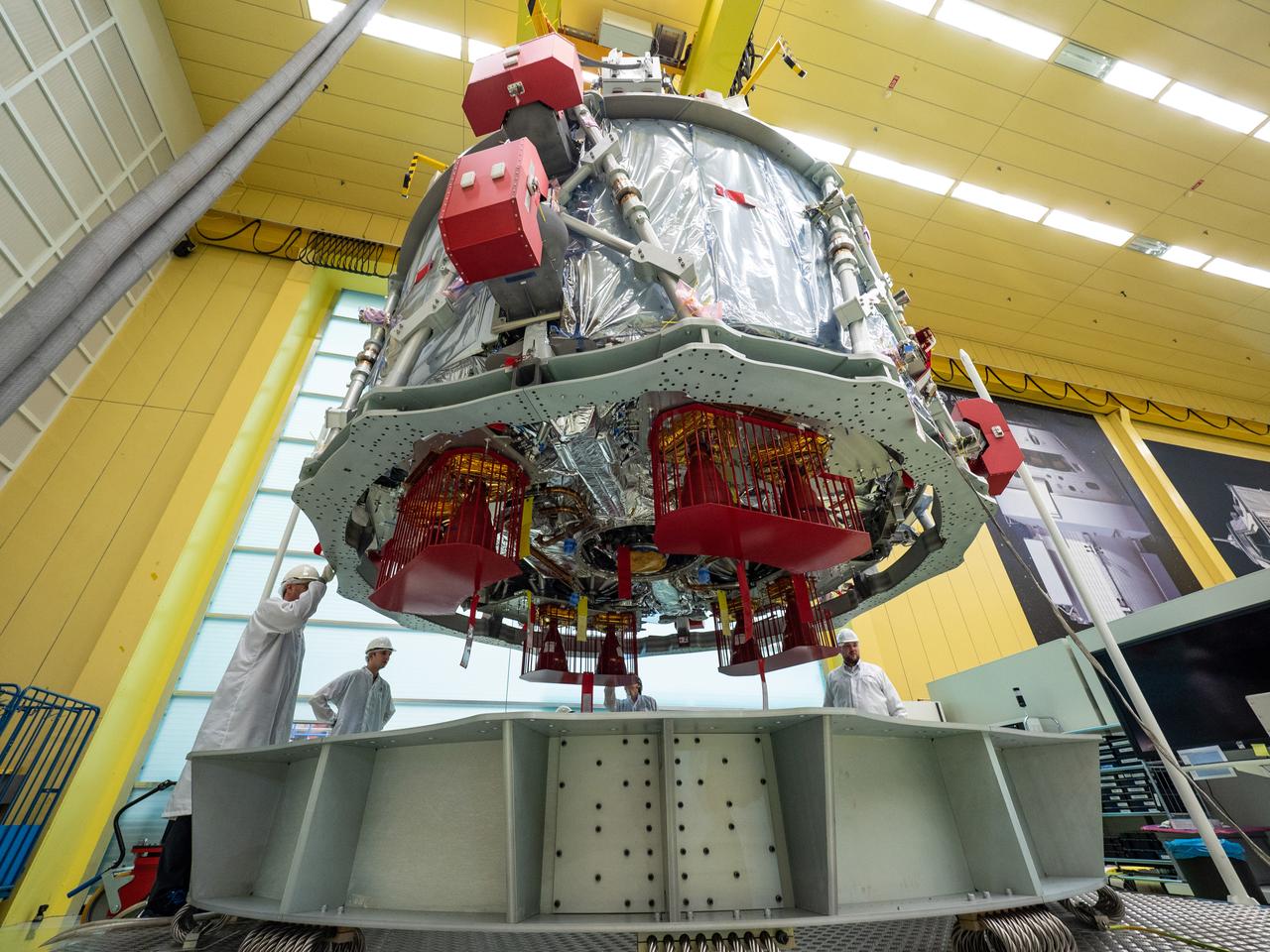 Technicians at the Airbus facility in Bremen, Germany prepare the European Service Module for shipment to Kennedy Space Center on Nov. 1, 2018. The service module will depart Germany on November 5, 2018 and will arrive in the U.S. on November 6...For the first time, NASA will use a European-built system as a critical element to power an American spacecraft, extending the international cooperation of the International Space Station into deep space. The European Service Module is a unique collaboration across space agencies and industry including ESA’s prime contractor, Airbus, and 10 European countries. The completion of service module work in Europe and shipment to Kennedy signifies a major milestone toward NASA’s human deep space exploration missions to the Moon and beyond.