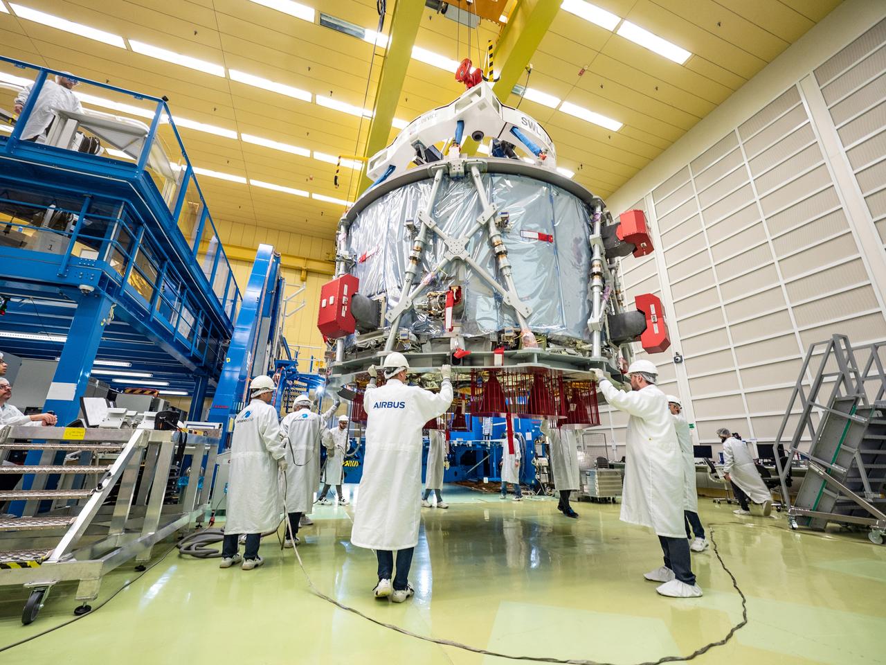 Technicians at the Airbus facility in Bremen, Germany prepare the European Service Module for shipment to Kennedy Space Center on Nov. 1, 2018. The service module will depart Germany on November 5, 2018 and will arrive in the U.S. on November 6...For the first time, NASA will use a European-built system as a critical element to power an American spacecraft, extending the international cooperation of the International Space Station into deep space. The European Service Module is a unique collaboration across space agencies and industry including ESA’s prime contractor, Airbus, and 10 European countries. The completion of service module work in Europe and shipment to Kennedy signifies a major milestone toward NASA’s human deep space exploration missions to the Moon and beyond.