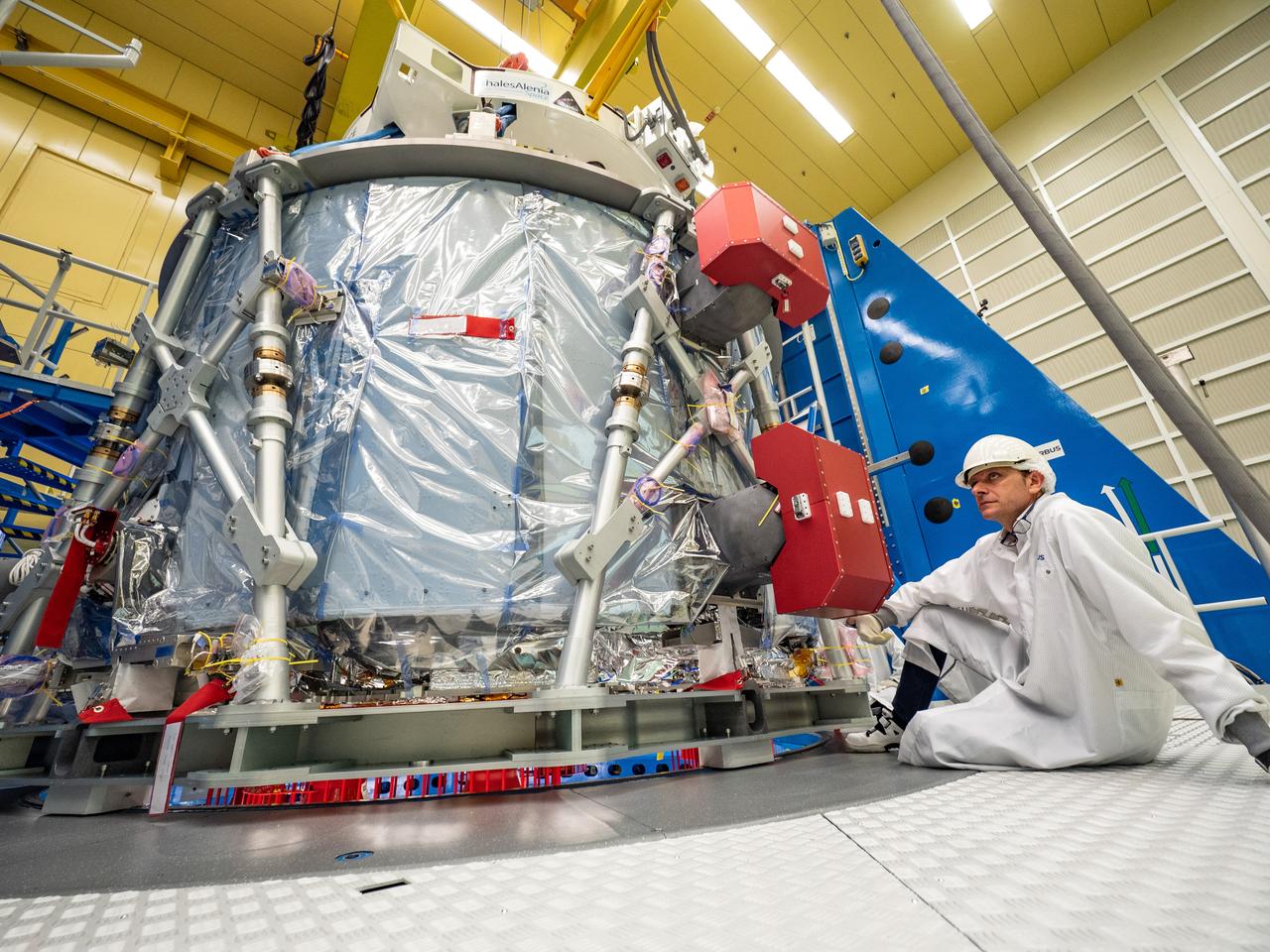 Technicians at the Airbus facility in Bremen, Germany prepare the European Service Module for shipment to Kennedy Space Center on Nov. 1, 2018. The service module will depart Germany on November 5, 2018 and will arrive in the U.S. on November 6...For the first time, NASA will use a European-built system as a critical element to power an American spacecraft, extending the international cooperation of the International Space Station into deep space. The European Service Module is a unique collaboration across space agencies and industry including ESA’s prime contractor, Airbus, and 10 European countries. The completion of service module work in Europe and shipment to Kennedy signifies a major milestone toward NASA’s human deep space exploration missions to the Moon and beyond.