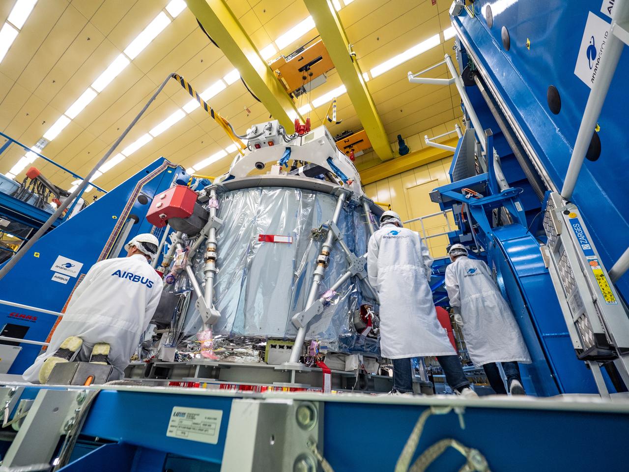 Technicians at the Airbus facility in Bremen, Germany prepare the European Service Module for shipment to Kennedy Space Center on Nov. 1, 2018. The service module will depart Germany on November 5, 2018 and will arrive in the U.S. on November 6...For the first time, NASA will use a European-built system as a critical element to power an American spacecraft, extending the international cooperation of the International Space Station into deep space. The European Service Module is a unique collaboration across space agencies and industry including ESA’s prime contractor, Airbus, and 10 European countries. The completion of service module work in Europe and shipment to Kennedy signifies a major milestone toward NASA’s human deep space exploration missions to the Moon and beyond.