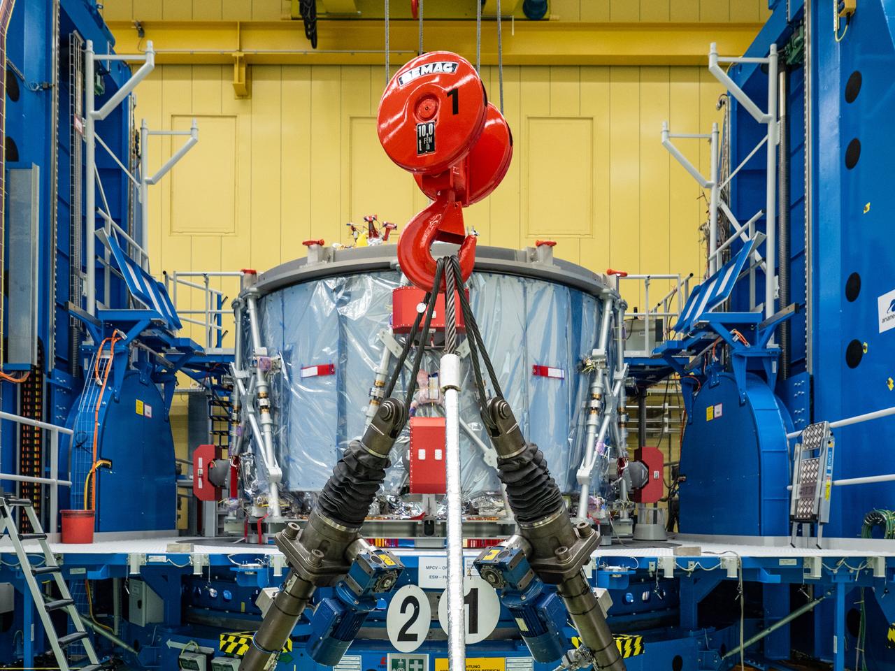 Technicians at the Airbus facility in Bremen, Germany prepare the European Service Module for shipment to Kennedy Space Center on Nov. 1, 2018. The service module will depart Germany on November 5, 2018 and will arrive in the U.S. on November 6...For the first time, NASA will use a European-built system as a critical element to power an American spacecraft, extending the international cooperation of the International Space Station into deep space. The European Service Module is a unique collaboration across space agencies and industry including ESA’s prime contractor, Airbus, and 10 European countries. The completion of service module work in Europe and shipment to Kennedy signifies a major milestone toward NASA’s human deep space exploration missions to the Moon and beyond.