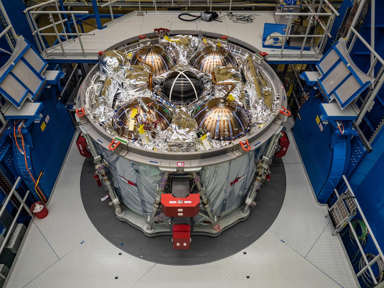 Technicians at the Airbus facility in Bremen, Germany prepare the European Service Module for shipment to Kennedy Space Center on Nov. 1, 2018. The service module will depart Germany on November 5, 2018 and will arrive in the U.S. on November 6...For the first time, NASA will use a European-built system as a critical element to power an American spacecraft, extending the international cooperation of the International Space Station into deep space. The European Service Module is a unique collaboration across space agencies and industry including ESA’s prime contractor, Airbus, and 10 European countries. The completion of service module work in Europe and shipment to Kennedy signifies a major milestone toward NASA’s human deep space exploration missions to the Moon and beyond.