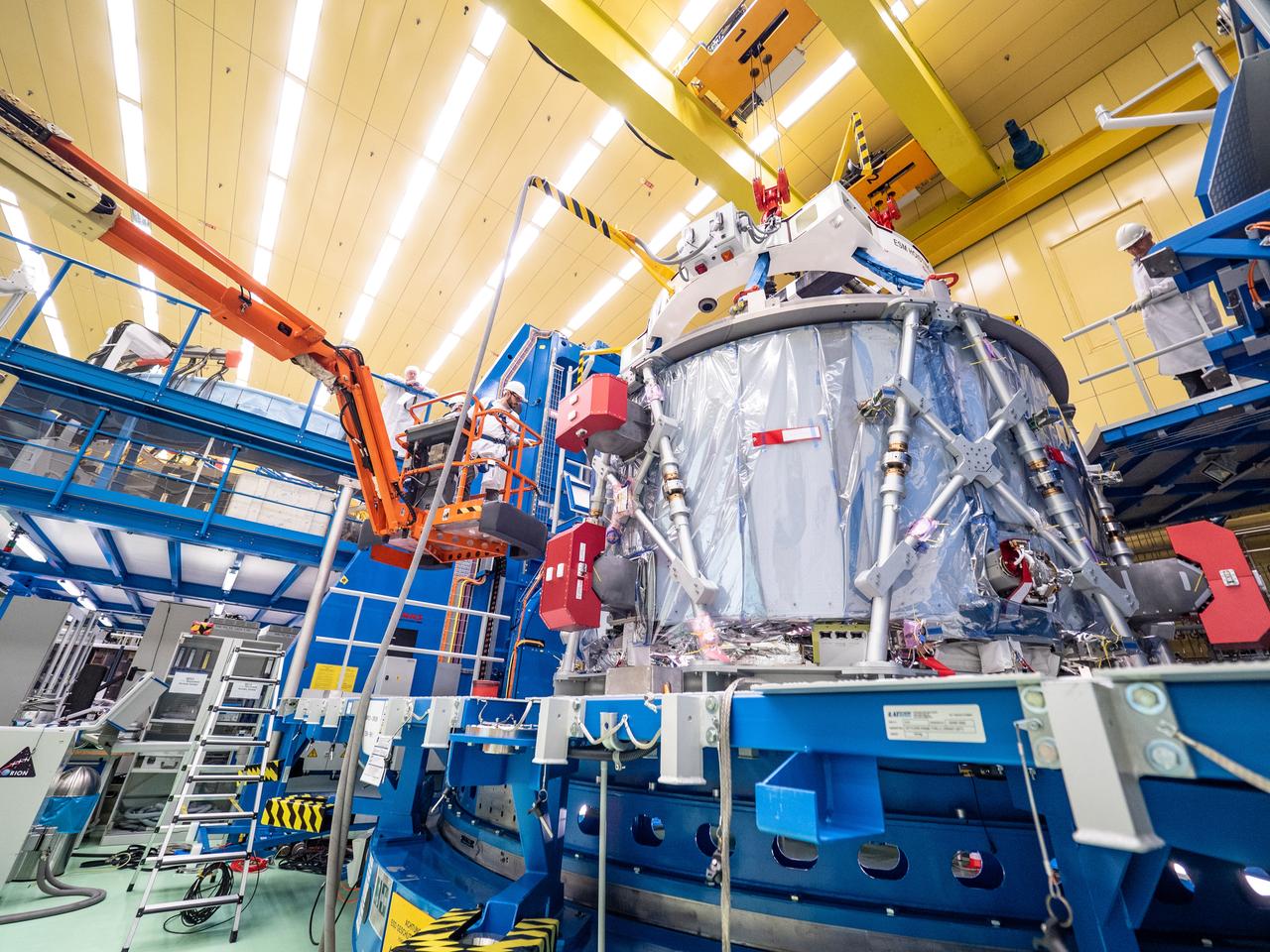Technicians at the Airbus facility in Bremen, Germany prepare the European Service Module for shipment to Kennedy Space Center on Nov. 1, 2018. The service module will depart Germany on November 5, 2018 and will arrive in the U.S. on November 6...For the first time, NASA will use a European-built system as a critical element to power an American spacecraft, extending the international cooperation of the International Space Station into deep space. The European Service Module is a unique collaboration across space agencies and industry including ESA’s prime contractor, Airbus, and 10 European countries. The completion of service module work in Europe and shipment to Kennedy signifies a major milestone toward NASA’s human deep space exploration missions to the Moon and beyond.