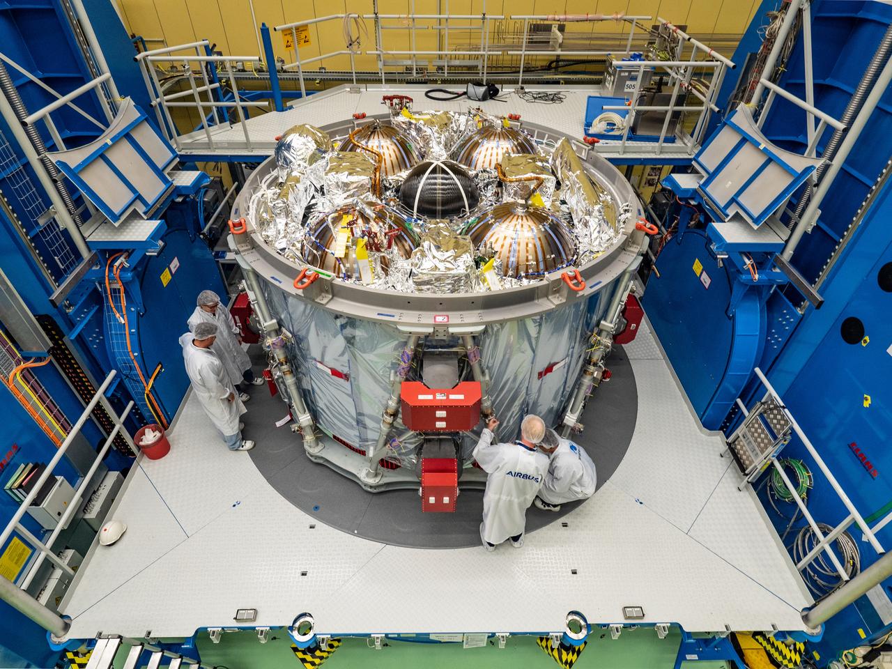 Technicians at the Airbus facility in Bremen, Germany prepare the European Service Module for shipment to Kennedy Space Center on Nov. 1, 2018. The service module will depart Germany on November 5, 2018 and will arrive in the U.S. on November 6...For the first time, NASA will use a European-built system as a critical element to power an American spacecraft, extending the international cooperation of the International Space Station into deep space. The European Service Module is a unique collaboration across space agencies and industry including ESA’s prime contractor, Airbus, and 10 European countries. The completion of service module work in Europe and shipment to Kennedy signifies a major milestone toward NASA’s human deep space exploration missions to the Moon and beyond.
