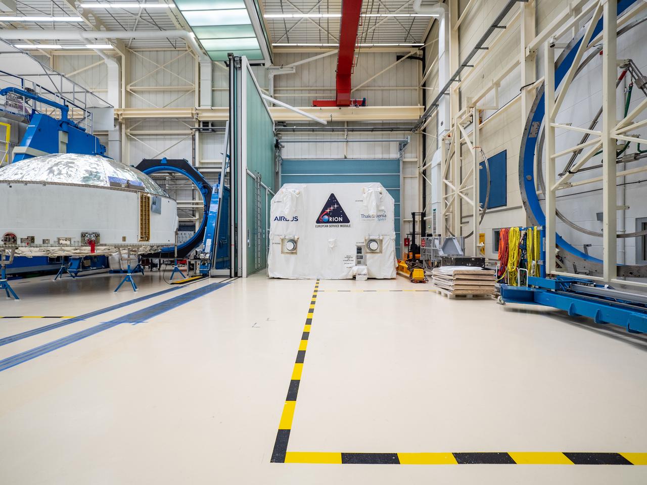 Technicians at the Airbus facility in Bremen, Germany prepare the European Service Module for shipment to Kennedy Space Center on Nov. 1, 2018. The service module will depart Germany on November 5, 2018 and will arrive in the U.S. on November 6...For the first time, NASA will use a European-built system as a critical element to power an American spacecraft, extending the international cooperation of the International Space Station into deep space. The European Service Module is a unique collaboration across space agencies and industry including ESA’s prime contractor, Airbus, and 10 European countries. The completion of service module work in Europe and shipment to Kennedy signifies a major milestone toward NASA’s human deep space exploration missions to the Moon and beyond.