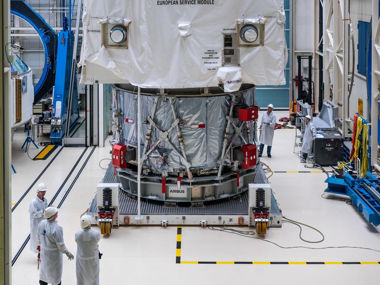 Technicians at the Airbus facility in Bremen, Germany prepare the European Service Module for shipment to Kennedy Space Center on Nov. 1, 2018. The service module will depart Germany on November 5, 2018 and will arrive in the U.S. on November 6...For the first time, NASA will use a European-built system as a critical element to power an American spacecraft, extending the international cooperation of the International Space Station into deep space. The European Service Module is a unique collaboration across space agencies and industry including ESA’s prime contractor, Airbus, and 10 European countries. The completion of service module work in Europe and shipment to Kennedy signifies a major milestone toward NASA’s human deep space exploration missions to the Moon and beyond.