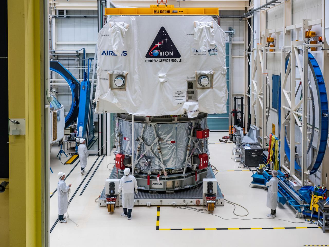Technicians at the Airbus facility in Bremen, Germany prepare the European Service Module for shipment to Kennedy Space Center on Nov. 1, 2018. The service module will depart Germany on November 5, 2018 and will arrive in the U.S. on November 6...For the first time, NASA will use a European-built system as a critical element to power an American spacecraft, extending the international cooperation of the International Space Station into deep space. The European Service Module is a unique collaboration across space agencies and industry including ESA’s prime contractor, Airbus, and 10 European countries. The completion of service module work in Europe and shipment to Kennedy signifies a major milestone toward NASA’s human deep space exploration missions to the Moon and beyond.