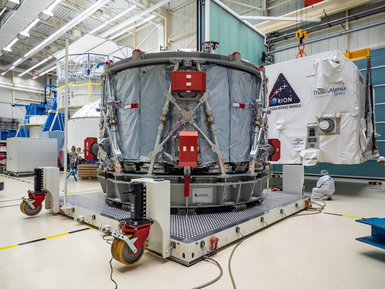 Technicians at the Airbus facility in Bremen, Germany prepare the European Service Module for shipment to Kennedy Space Center on Nov. 1, 2018. The service module will depart Germany on November 5, 2018 and will arrive in the U.S. on November 6...For the first time, NASA will use a European-built system as a critical element to power an American spacecraft, extending the international cooperation of the International Space Station into deep space. The European Service Module is a unique collaboration across space agencies and industry including ESA’s prime contractor, Airbus, and 10 European countries. The completion of service module work in Europe and shipment to Kennedy signifies a major milestone toward NASA’s human deep space exploration missions to the Moon and beyond.