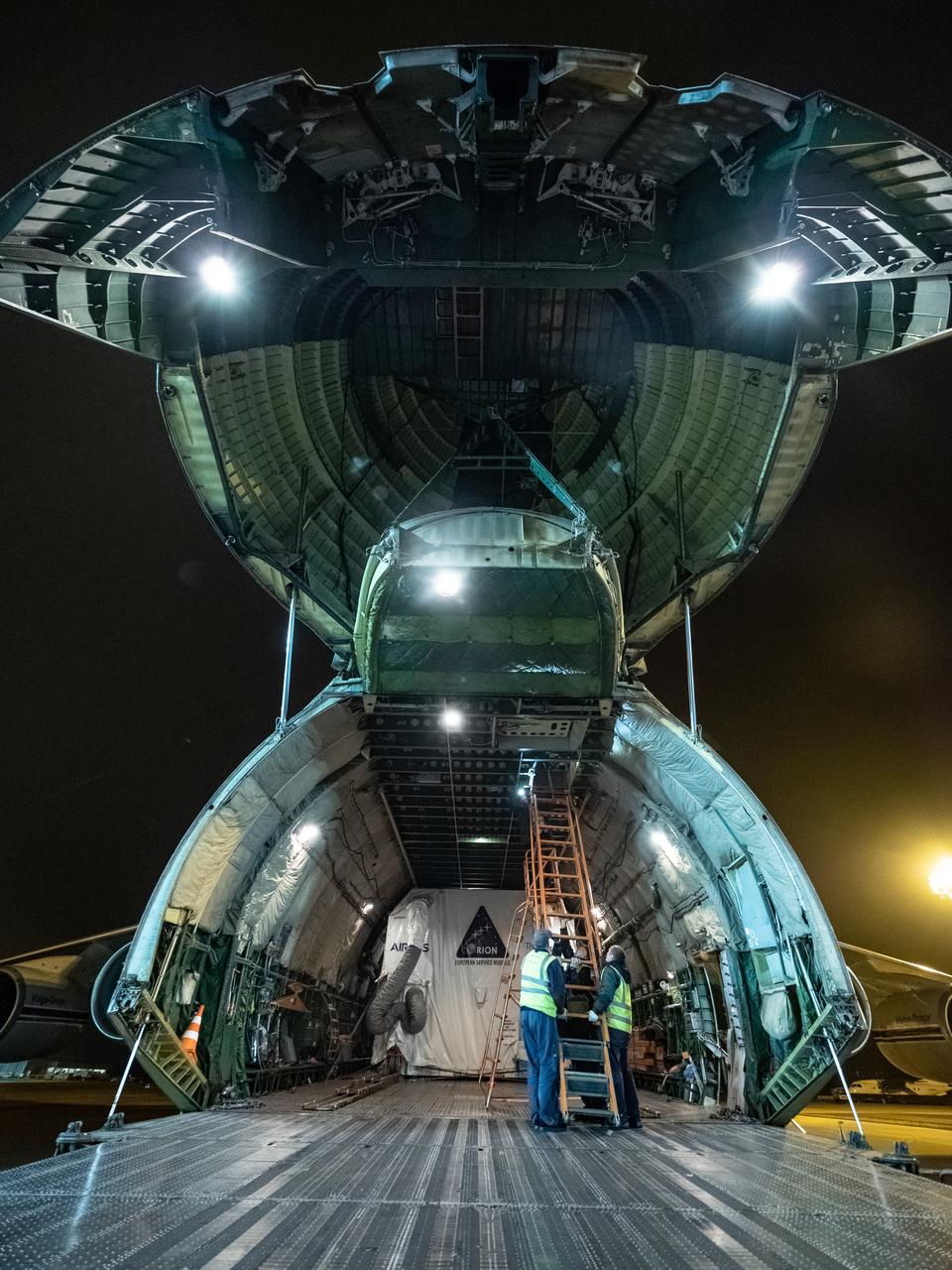 Orion's European Service Module is loaded on the Antonov airplane in Bremen, Germany on Nov. 5, 2018 for transport to Kennedy Space Center...For the first time, NASA will use a European-built system as a critical element to power an American spacecraft, extending the international cooperation of the International Space Station into deep space. The European Service Module is a unique collaboration across space agencies and industry including ESA’s prime contractor, Airbus, and 10 European countries. The completion of service module work in Europe and shipment to Kennedy signifies a major milestone toward NASA’s human deep space exploration missions to the Moon and beyond.