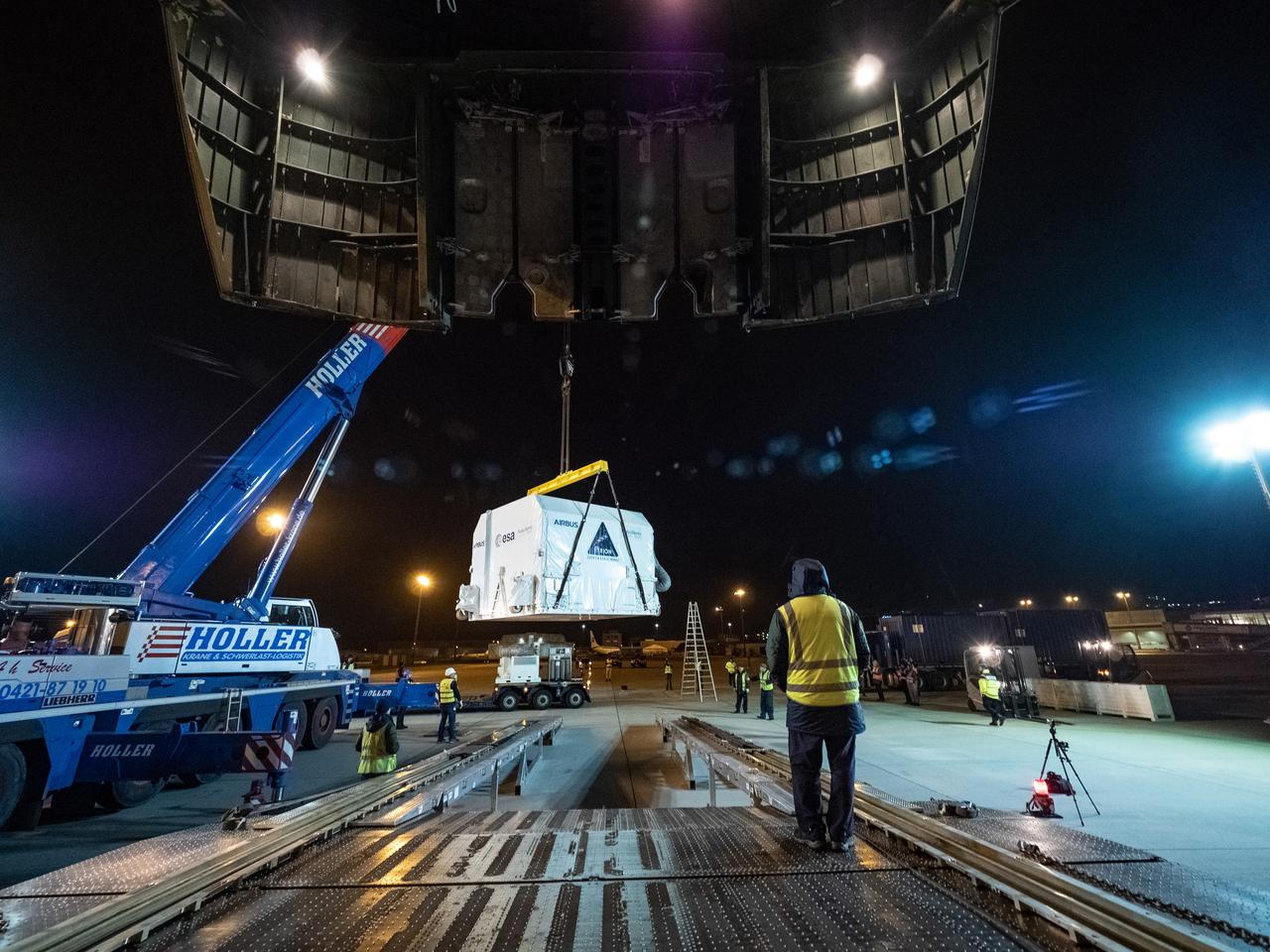 Orion's European Service Module is loaded on the Antonov airplane in Bremen, Germany on Nov. 5, 2018 for transport to Kennedy Space Center...For the first time, NASA will use a European-built system as a critical element to power an American spacecraft, extending the international cooperation of the International Space Station into deep space. The European Service Module is a unique collaboration across space agencies and industry including ESA’s prime contractor, Airbus, and 10 European countries. The completion of service module work in Europe and shipment to Kennedy signifies a major milestone toward NASA’s human deep space exploration missions to the Moon and beyond.