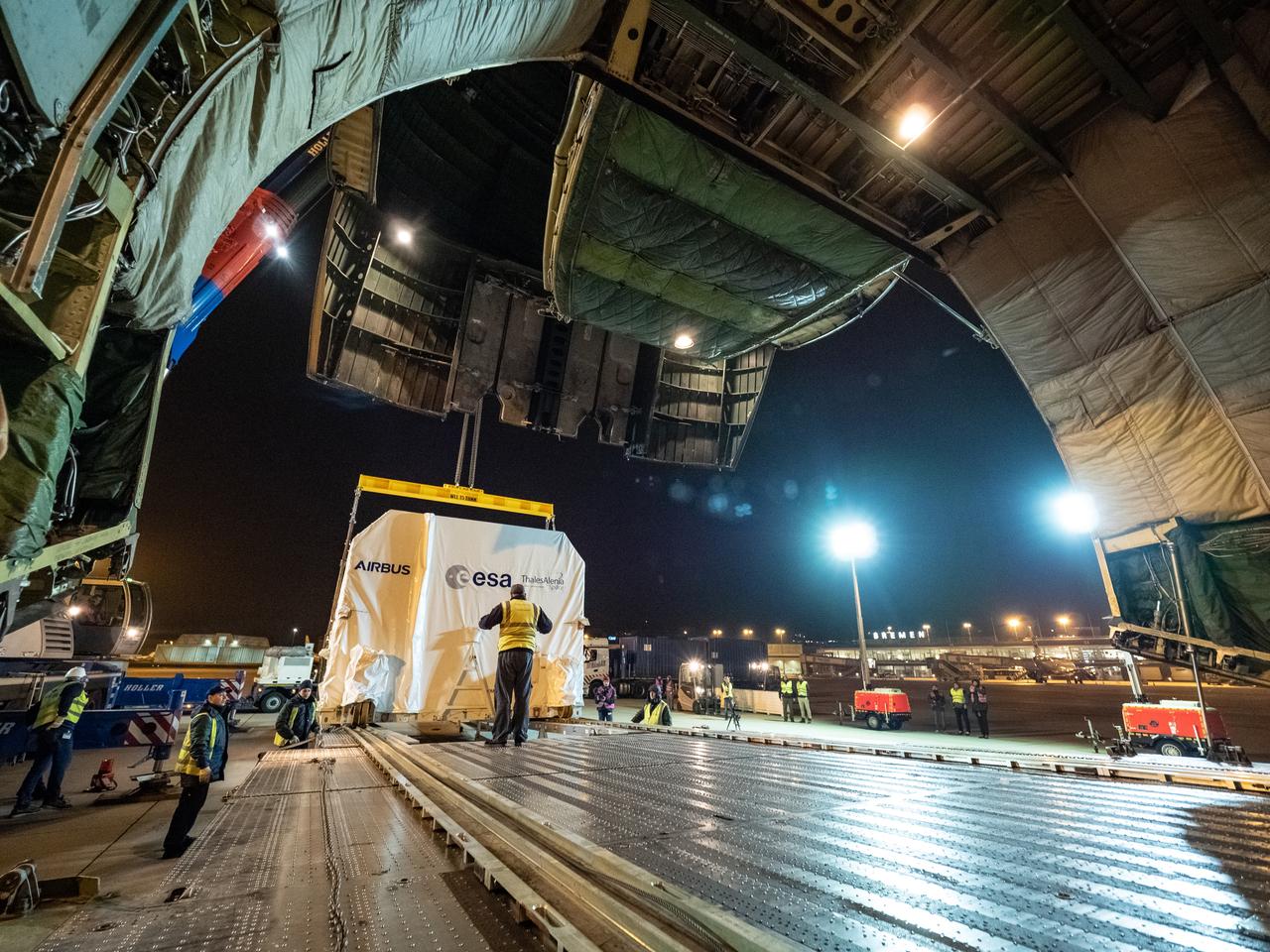 Orion's European Service Module is loaded on the Antonov airplane in Bremen, Germany on Nov. 5, 2018 for transport to Kennedy Space Center...For the first time, NASA will use a European-built system as a critical element to power an American spacecraft, extending the international cooperation of the International Space Station into deep space. The European Service Module is a unique collaboration across space agencies and industry including ESA’s prime contractor, Airbus, and 10 European countries. The completion of service module work in Europe and shipment to Kennedy signifies a major milestone toward NASA’s human deep space exploration missions to the Moon and beyond.