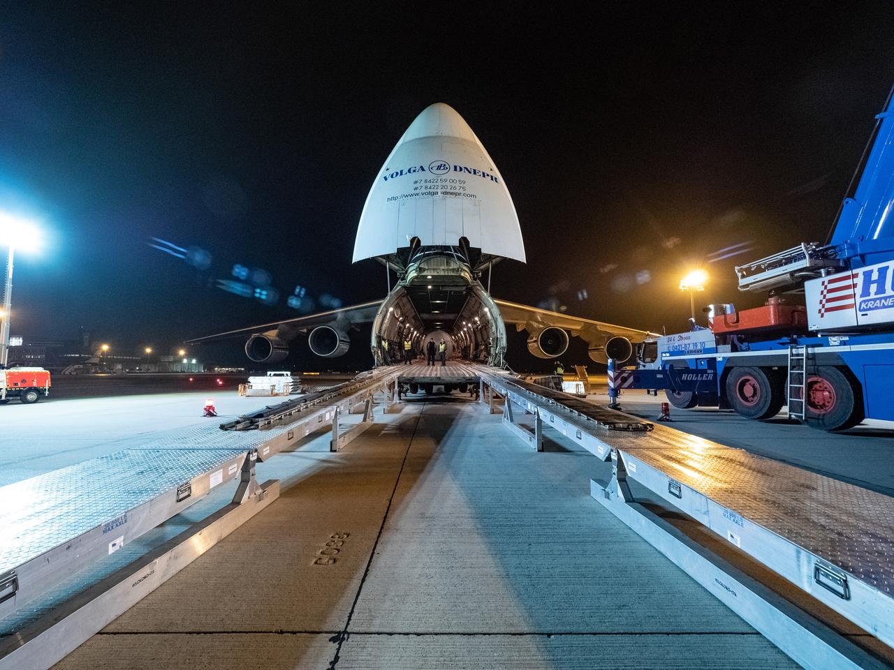Orion's European Service Module is loaded on the Antonov airplane in Bremen, Germany on Nov. 5, 2018 for transport to Kennedy Space Center...For the first time, NASA will use a European-built system as a critical element to power an American spacecraft, extending the international cooperation of the International Space Station into deep space. The European Service Module is a unique collaboration across space agencies and industry including ESA’s prime contractor, Airbus, and 10 European countries. The completion of service module work in Europe and shipment to Kennedy signifies a major milestone toward NASA’s human deep space exploration missions to the Moon and beyond.