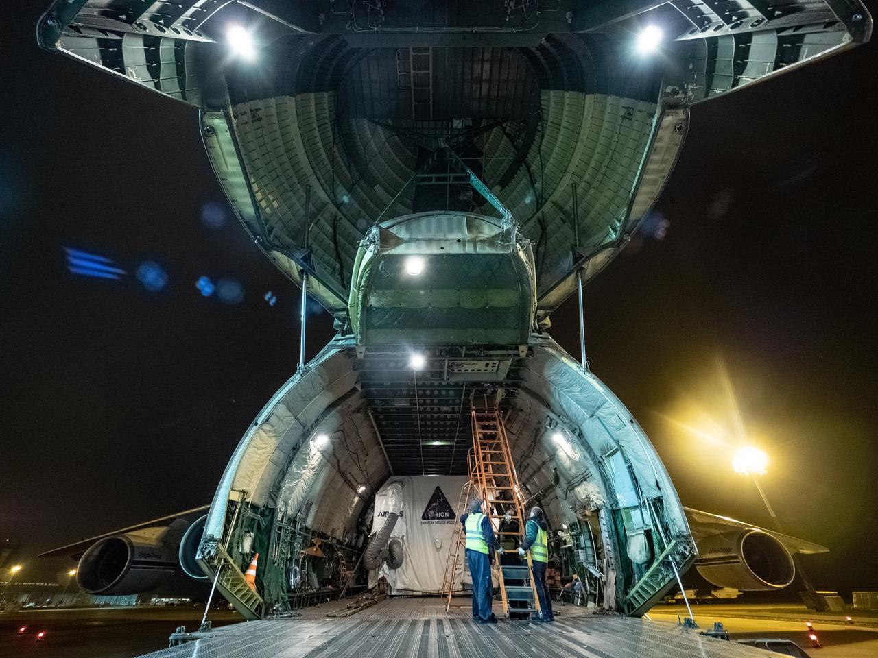 Orion's European Service Module is loaded on the Antonov airplane in Bremen, Germany on Nov. 5, 2018 for transport to Kennedy Space Center...For the first time, NASA will use a European-built system as a critical element to power an American spacecraft, extending the international cooperation of the International Space Station into deep space. The European Service Module is a unique collaboration across space agencies and industry including ESA’s prime contractor, Airbus, and 10 European countries. The completion of service module work in Europe and shipment to Kennedy signifies a major milestone toward NASA’s human deep space exploration missions to the Moon and beyond.