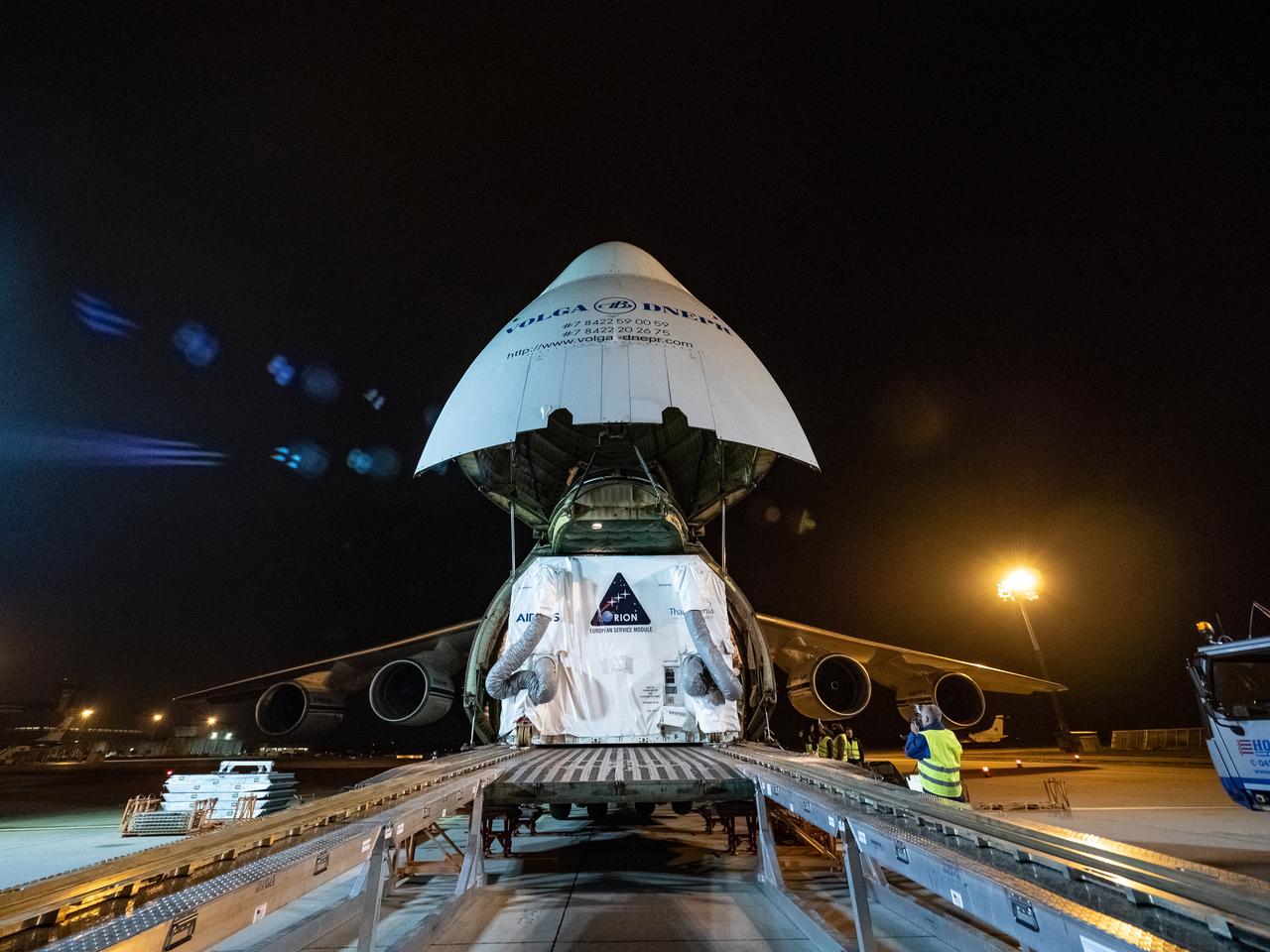 Orion's European Service Module is loaded on the Antonov airplane in Bremen, Germany on Nov. 5, 2018 for transport to Kennedy Space Center...For the first time, NASA will use a European-built system as a critical element to power an American spacecraft, extending the international cooperation of the International Space Station into deep space. The European Service Module is a unique collaboration across space agencies and industry including ESA’s prime contractor, Airbus, and 10 European countries. The completion of service module work in Europe and shipment to Kennedy signifies a major milestone toward NASA’s human deep space exploration missions to the Moon and beyond.