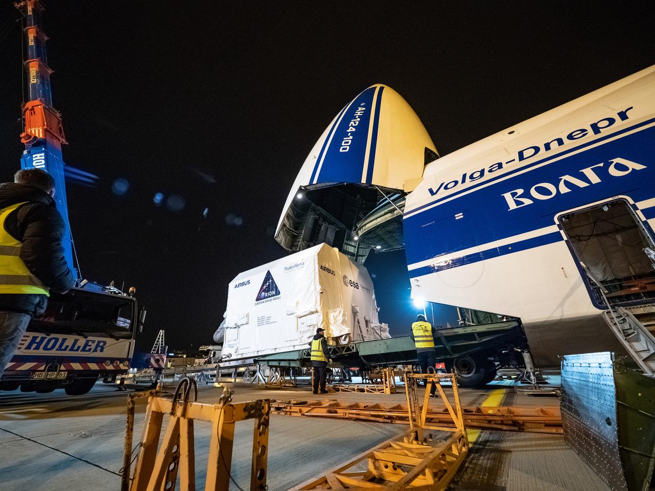 Orion's European Service Module is loaded on the Antonov airplane in Bremen, Germany on Nov. 5, 2018 for transport to Kennedy Space Center...For the first time, NASA will use a European-built system as a critical element to power an American spacecraft, extending the international cooperation of the International Space Station into deep space. The European Service Module is a unique collaboration across space agencies and industry including ESA’s prime contractor, Airbus, and 10 European countries. The completion of service module work in Europe and shipment to Kennedy signifies a major milestone toward NASA’s human deep space exploration missions to the Moon and beyond.