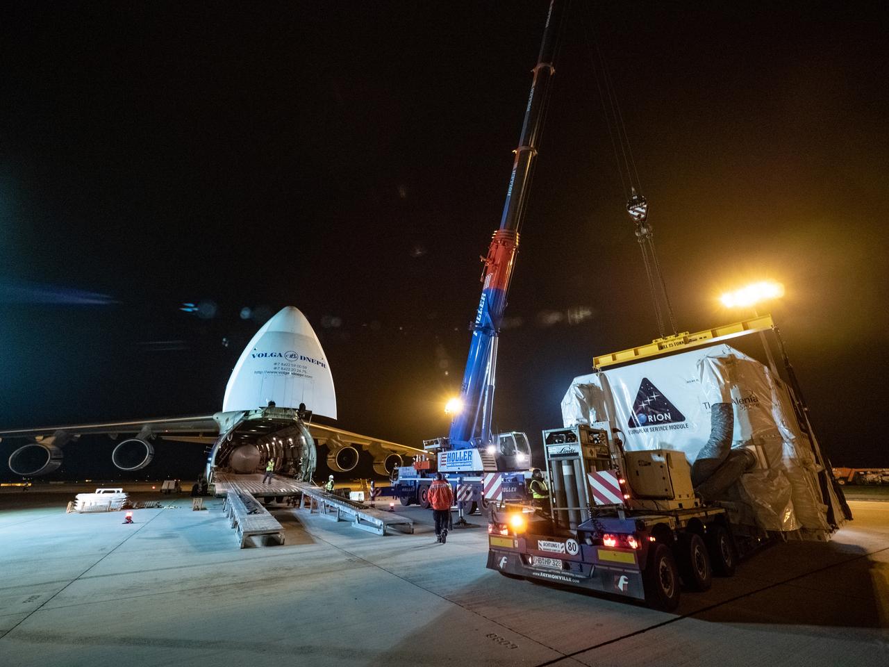 Orion's European Service Module is loaded on the Antonov airplane in Bremen, Germany on Nov. 5, 2018 for transport to Kennedy Space Center...For the first time, NASA will use a European-built system as a critical element to power an American spacecraft, extending the international cooperation of the International Space Station into deep space. The European Service Module is a unique collaboration across space agencies and industry including ESA’s prime contractor, Airbus, and 10 European countries. The completion of service module work in Europe and shipment to Kennedy signifies a major milestone toward NASA’s human deep space exploration missions to the Moon and beyond.