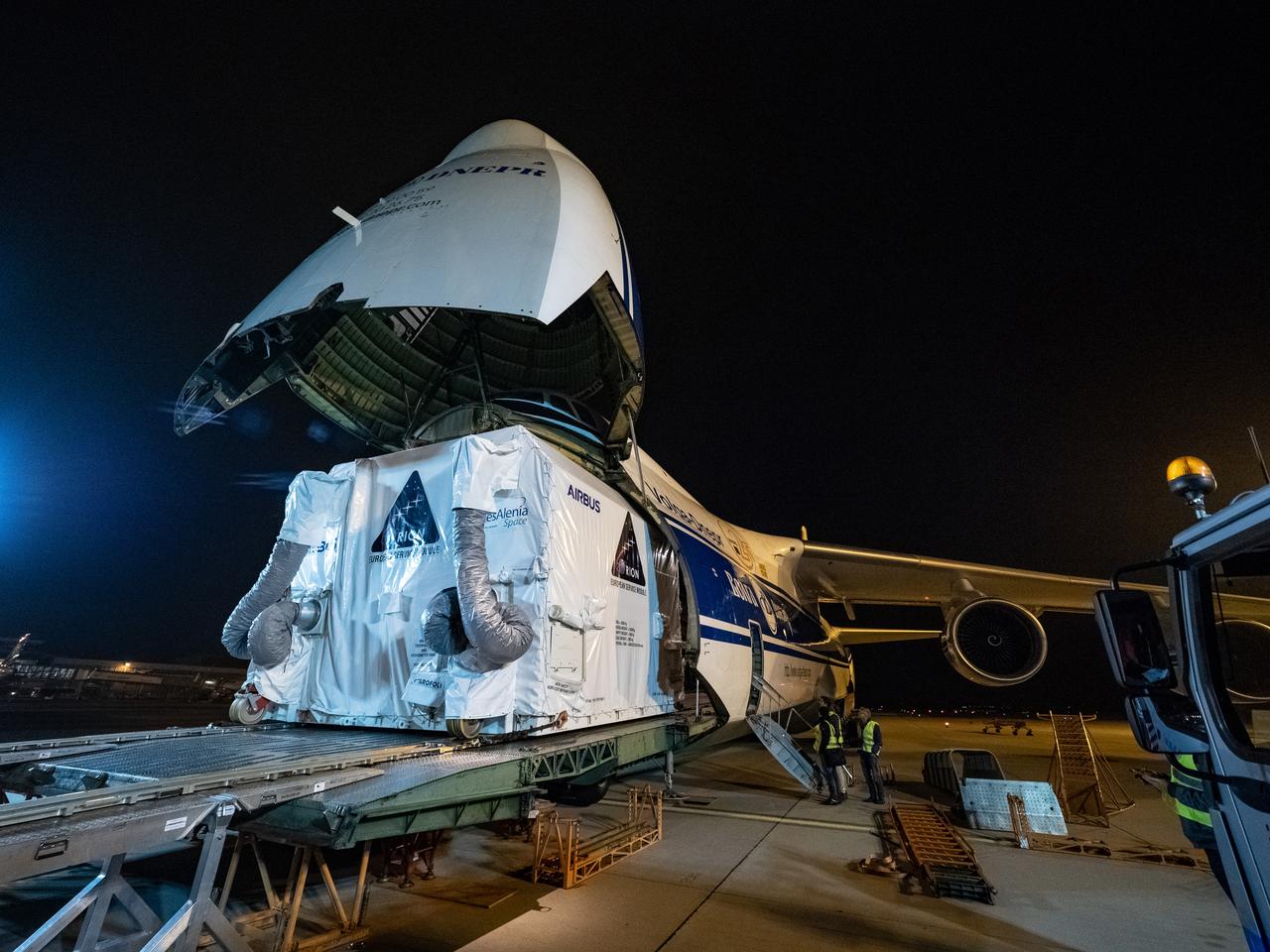 Orion's European Service Module is loaded on the Antonov airplane in Bremen, Germany on Nov. 5, 2018 for transport to Kennedy Space Center...For the first time, NASA will use a European-built system as a critical element to power an American spacecraft, extending the international cooperation of the International Space Station into deep space. The European Service Module is a unique collaboration across space agencies and industry including ESA’s prime contractor, Airbus, and 10 European countries. The completion of service module work in Europe and shipment to Kennedy signifies a major milestone toward NASA’s human deep space exploration missions to the Moon and beyond.