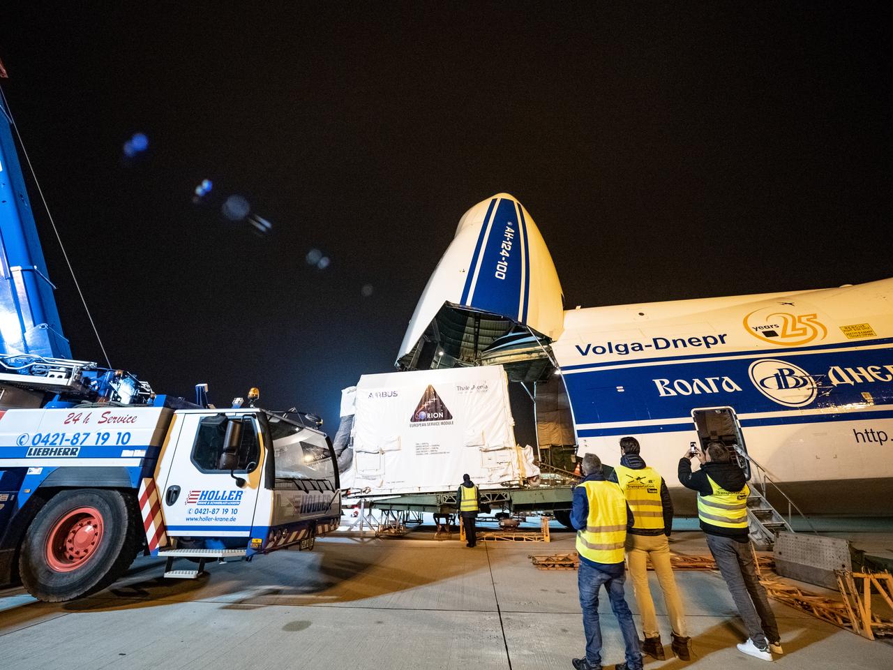 Orion's European Service Module is loaded on the Antonov airplane in Bremen, Germany on Nov. 5, 2018 for transport to Kennedy Space Center...For the first time, NASA will use a European-built system as a critical element to power an American spacecraft, extending the international cooperation of the International Space Station into deep space. The European Service Module is a unique collaboration across space agencies and industry including ESA’s prime contractor, Airbus, and 10 European countries. The completion of service module work in Europe and shipment to Kennedy signifies a major milestone toward NASA’s human deep space exploration missions to the Moon and beyond.