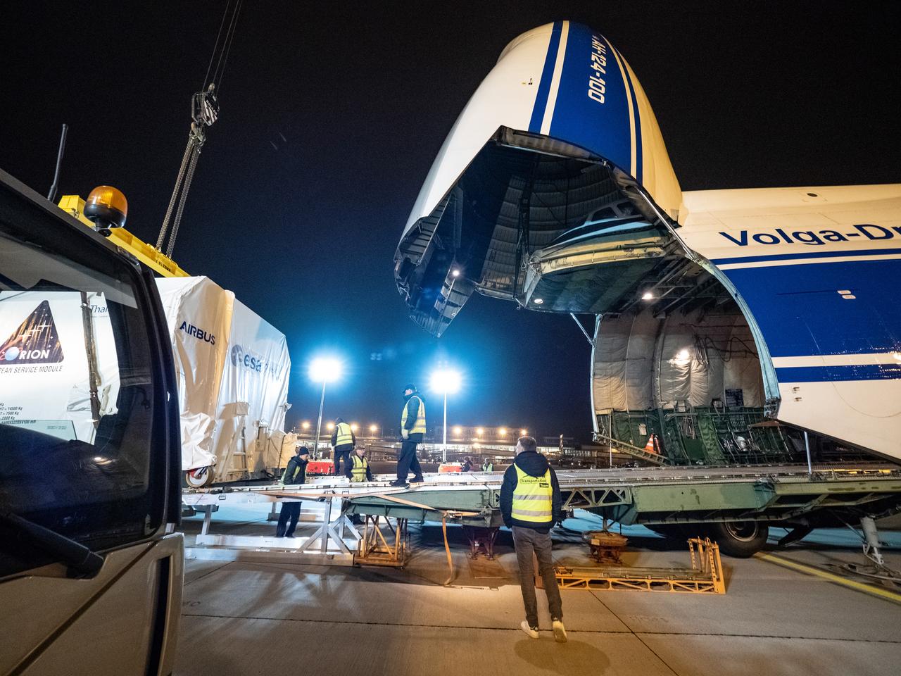 Orion's European Service Module is loaded on the Antonov airplane in Bremen, Germany on Nov. 5, 2018 for transport to Kennedy Space Center...For the first time, NASA will use a European-built system as a critical element to power an American spacecraft, extending the international cooperation of the International Space Station into deep space. The European Service Module is a unique collaboration across space agencies and industry including ESA’s prime contractor, Airbus, and 10 European countries. The completion of service module work in Europe and shipment to Kennedy signifies a major milestone toward NASA’s human deep space exploration missions to the Moon and beyond.