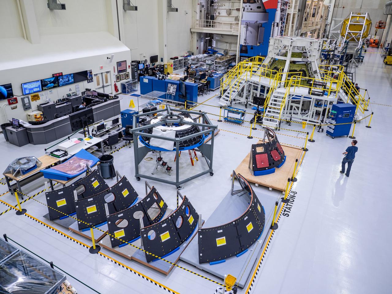 Orion assembly line at the Operations and Checkout Building at Kennedy Space Center where Lockheed Martin technicians are working to assemble the Orion spacecraft for Artemis I and II on Nov. 14, 2018.