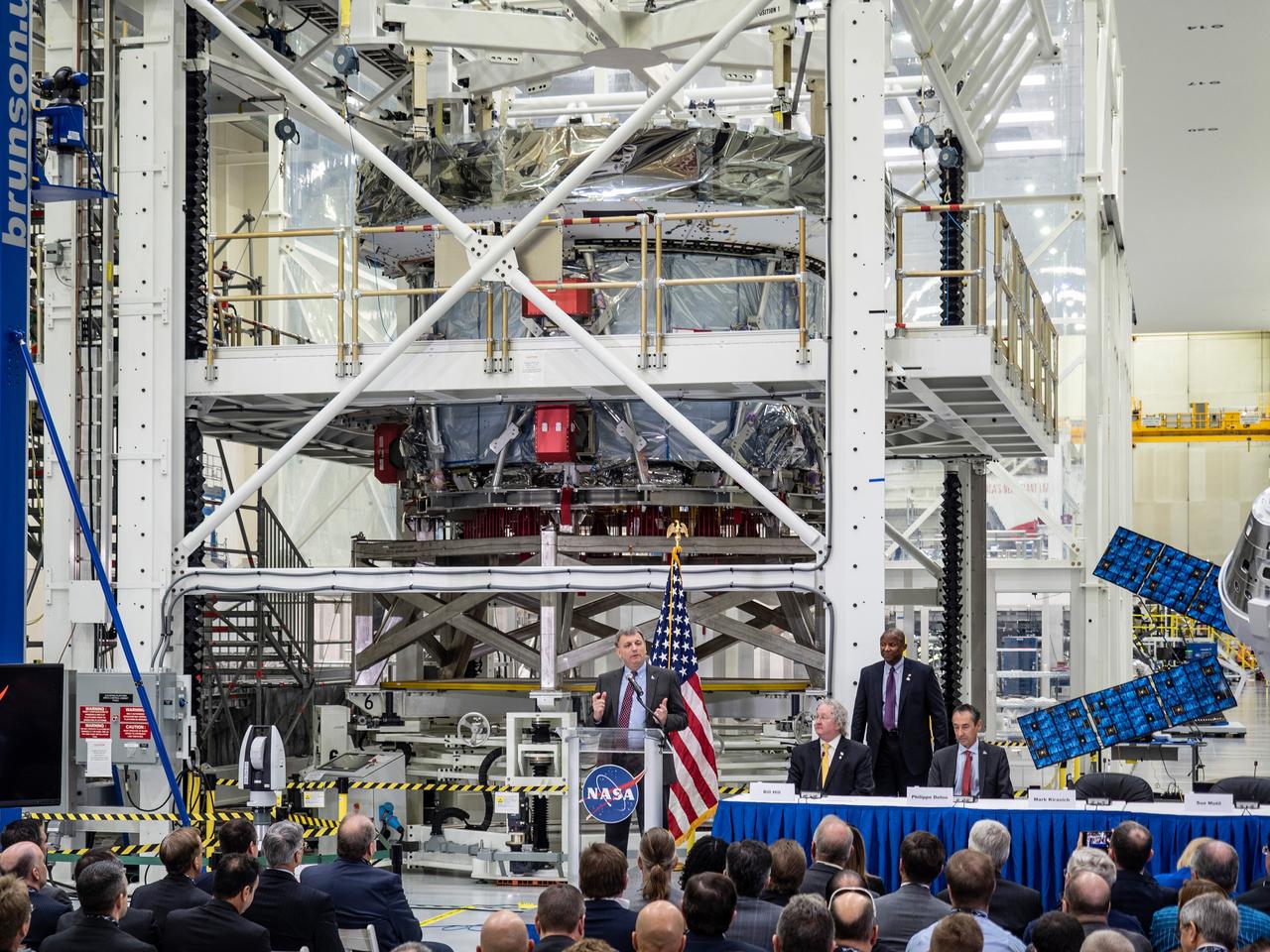 Orion Program Manager Mark Kirasich speaks at the European Service Module arrival event at the Neil Armstrong Operations and Checkout Building at Kennedy Space Center in Florida on Nov. 16, 2018...For the first time, NASA will use a European-built system as a critical element to power an American spacecraft, extending the international cooperation of the International Space Station into deep space. The European Service Module is a unique collaboration across space agencies and industry including ESA’s prime contractor, Airbus, and 10 European countries. The completion of service module work in Europe and shipment to Kennedy signifies a major milestone toward NASA’s human deep space exploration missions to the Moon and beyond.