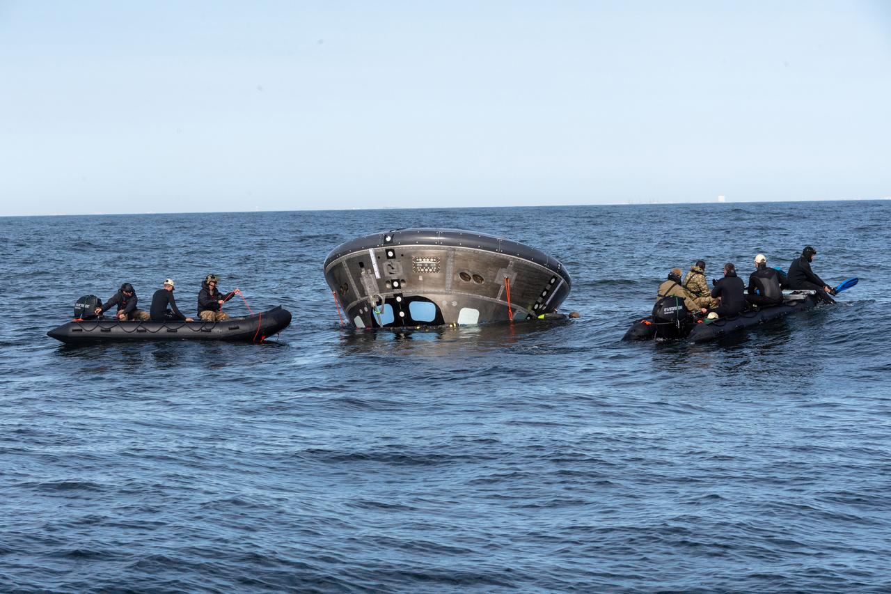 The Orion Crew Module Uprighting System (CMUS) and Neutral Buoyancy Laboratory team completed two successful sea tests off the coast of Galveston, Texas, Dec. 1-3, 2018. CMUS is designed to inflate five bags after the Orion spacecraft and its crew splash down after returning from deep space missions, enabling the capsule to upright itself. NASA partnered with United States Coast Guard and Air Force and Texas A&M Galveston teams to perform the tests operations.