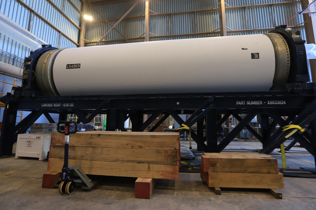 The Northrup Grumman SR118 for Ascent Abort-2 (AA-2) which is loaded with propellants moves from the Launch Abort System Facility (LASF) to the Rotation Protection and Surge Facility at Kennedy Space Center for continued flight processing on Jan. 29, 2019.