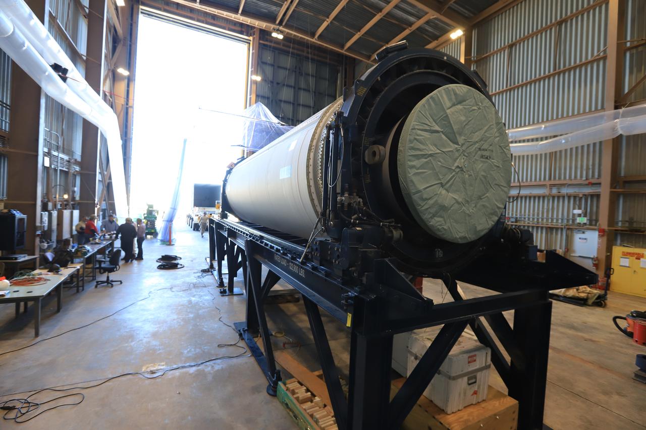 The Northrup Grumman SR118 for Ascent Abort-2 (AA-2) which is loaded with propellants moves from the Launch Abort System Facility (LASF) to the Rotation Protection and Surge Facility at Kennedy Space Center for continued flight processing on Jan. 29, 2019.