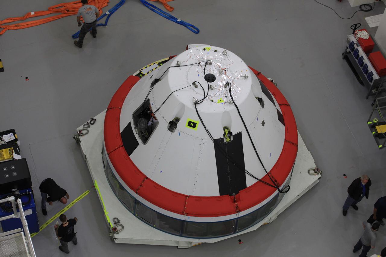 The Launch Abort System for the Ascent Abort-2 (AA-2) Flight Test is vertical and integrated with the crew module test article at the Launch Abort System Facility (LASF) at Kennedy Space Center on March 13, 2019.