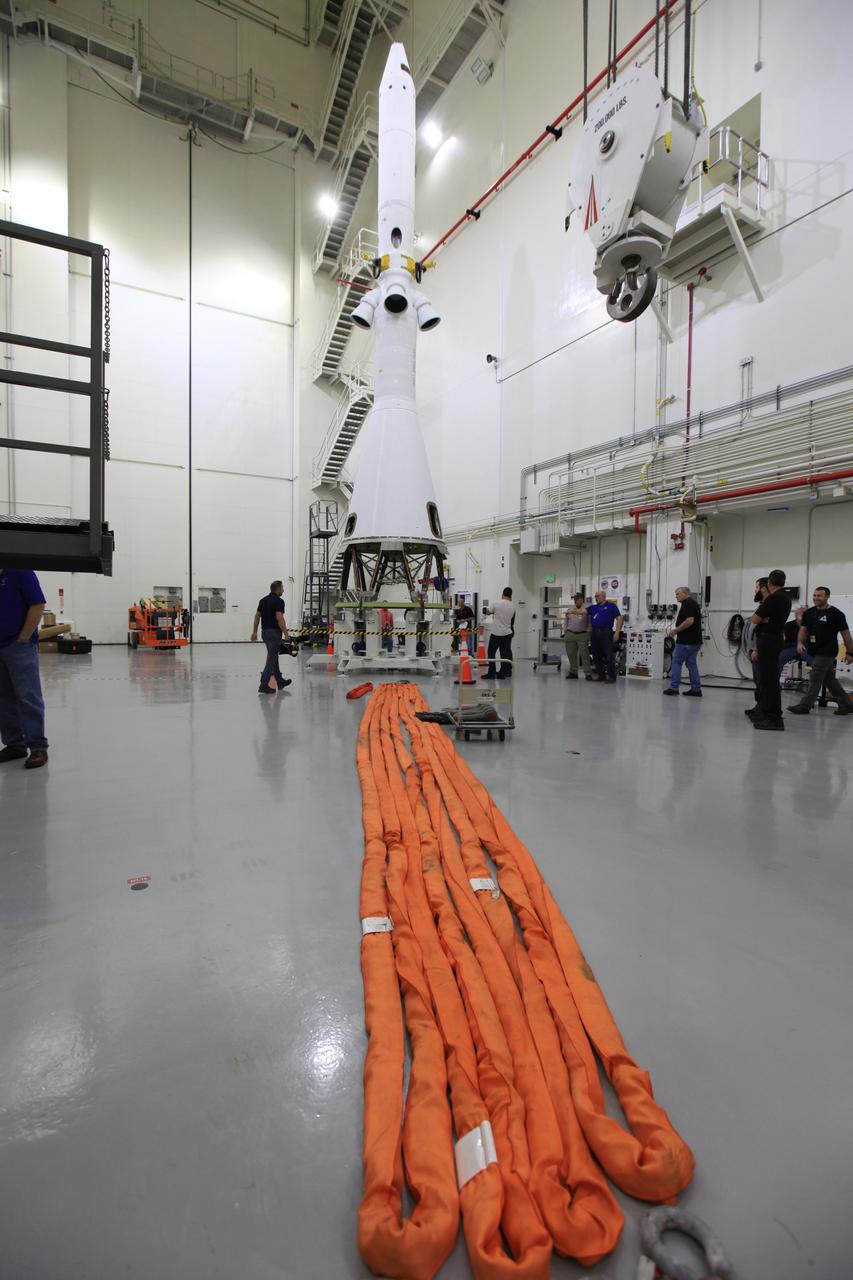 The Launch Abort System for the Ascent Abort-2 (AA-2) Flight Test is vertical and integrated with the crew module test article at the Launch Abort System Facility (LASF) at Kennedy Space Center on March 13, 2019.