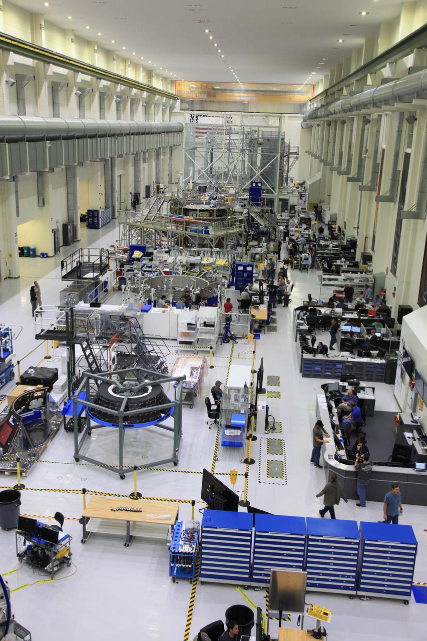 The crew and service module for Artemis I continue preparations for mating inside the Operations and Checkout (O&C) Building High Bay at Kennedy Space Center on March 21, 2019. Alongside, the pressure vessel for Artemis II is undergoing install of its secondary structure.