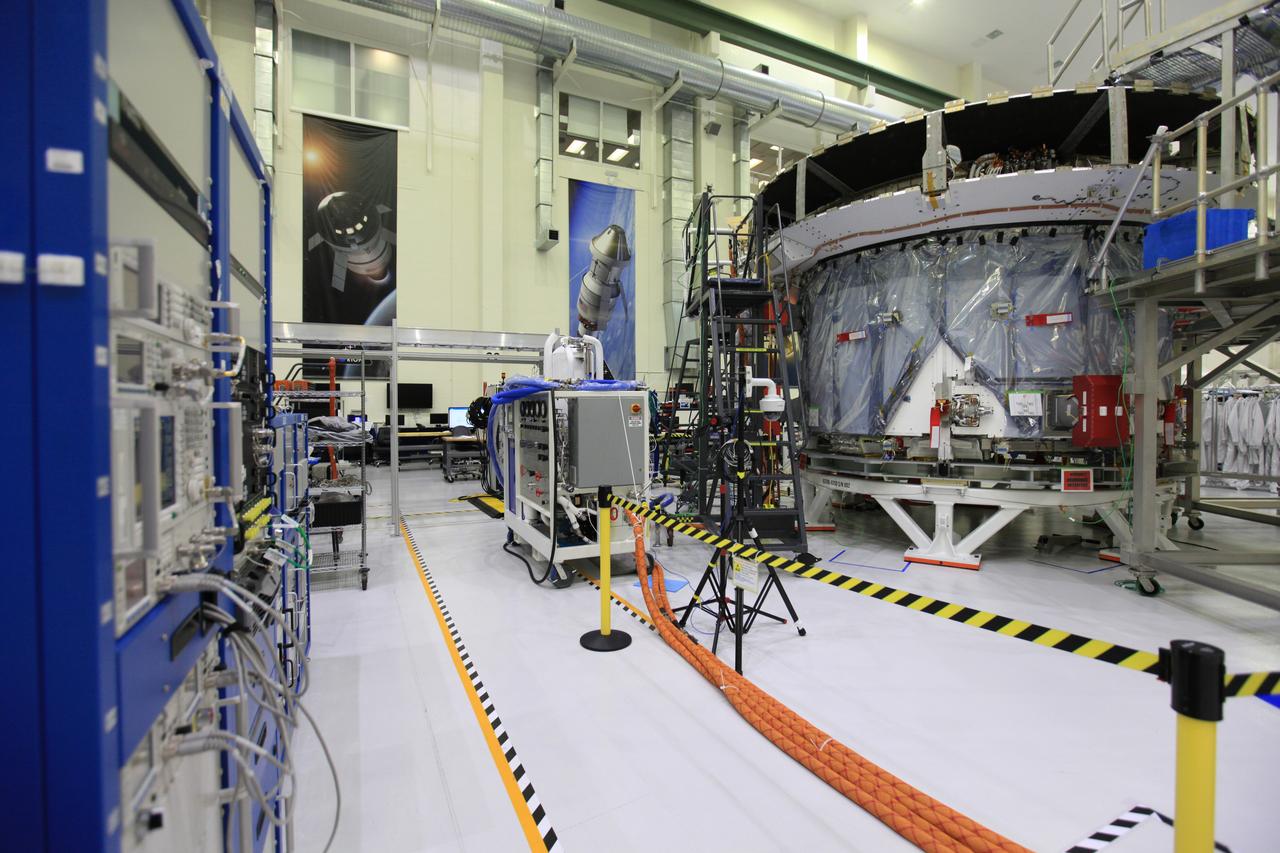 The crew and service module for Artemis I continue preparations for mating inside the Operations and Checkout (O&amp;C) Building High Bay at Kennedy Space Center on March 21, 2019. Alongside, the pressure vessel for Artemis II is undergoing install of its secondary structure.