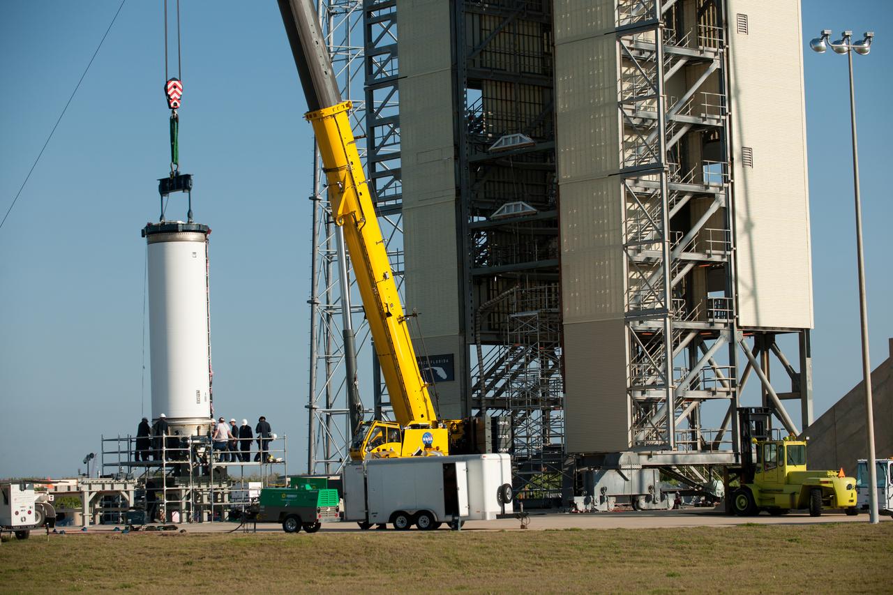 The Abort Test Booster, the rocket which will propel Orion's Launch Abort System and crew module / separation ring during the Ascent Abort -2 (AA-2) flight test, is stacked at the launch pad at Cape Canaveral Air Force Station in Florida on April 12, 2019.
