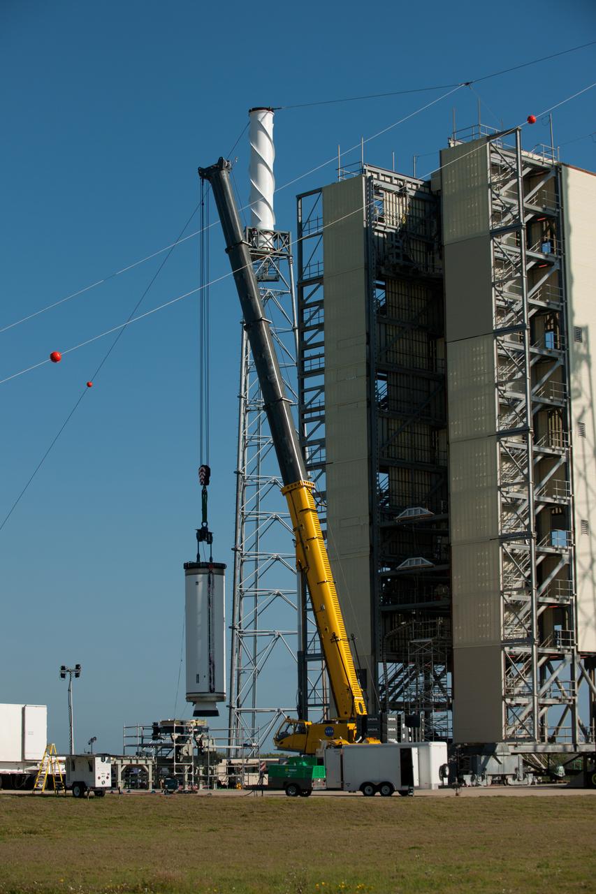 The Abort Test Booster, the rocket which will propel Orion's Launch Abort System and crew module / separation ring during the Ascent Abort -2 (AA-2) flight test, is stacked at the launch pad at Cape Canaveral Air Force Station in Florida on April 12, 2019.