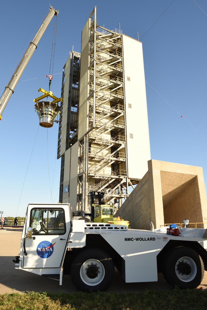 The Abort Test Booster, the rocket which will propel Orion's Launch Abort System and crew module / separation ring during the Ascent Abort -2 (AA-2) flight test, is stacked at the launch pad at Cape Canaveral Air Force Station in Florida on April 12, 2019.
