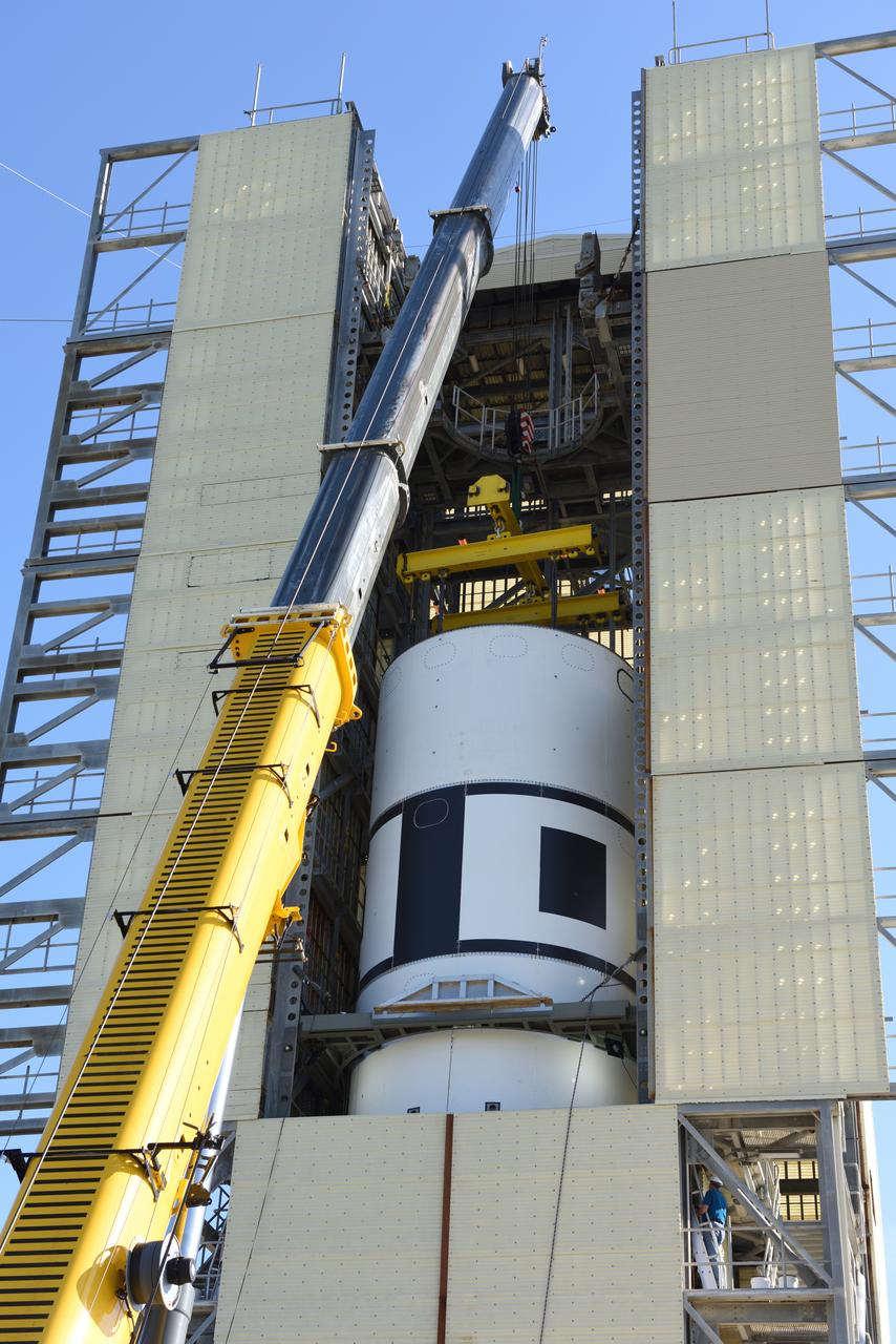 The Abort Test Booster, the rocket which will propel Orion's Launch Abort System and crew module / separation ring during the Ascent Abort -2 (AA-2) flight test, is stacked at the launch pad at Cape Canaveral Air Force Station in Florida on April 12, 2019.