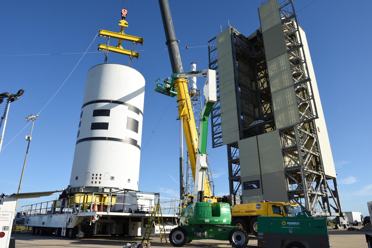 The Abort Test Booster, the rocket which will propel Orion's Launch Abort System and crew module / separation ring during the Ascent Abort -2 (AA-2) flight test, is stacked at the launch pad at Cape Canaveral Air Force Station in Florida on April 12, 2019.