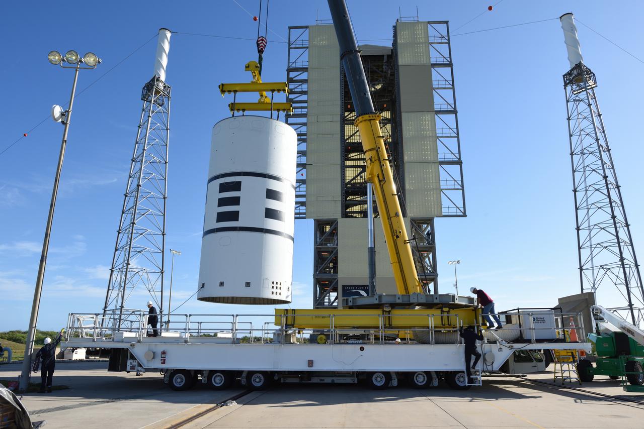 The Abort Test Booster, the rocket which will propel Orion's Launch Abort System and crew module / separation ring during the Ascent Abort -2 (AA-2) flight test, is stacked at the launch pad at Cape Canaveral Air Force Station in Florida on April 12, 2019.