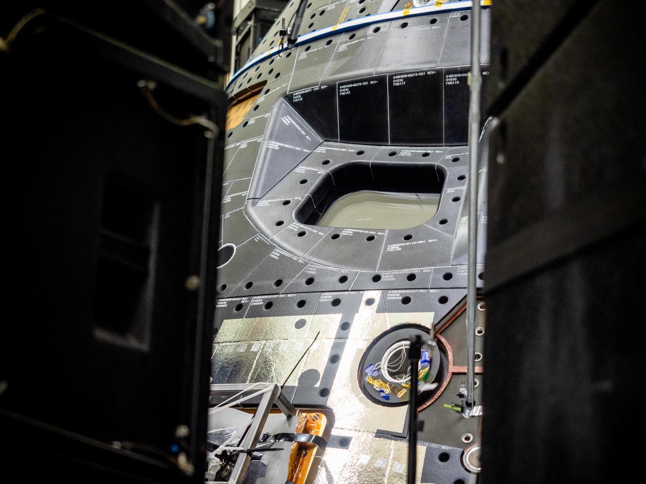 The Orion crew module for Artemis I, shown here on May 2, 2019, recently underwent Direct Field Acoustics Test (DFAT) where it was exposed to maximum acoustics levels that the vehicle will experience in space. Spacecraft response and sound pressure data were collected with microphones, strain gauges and accelerometers. The max decibel level was -12dB.