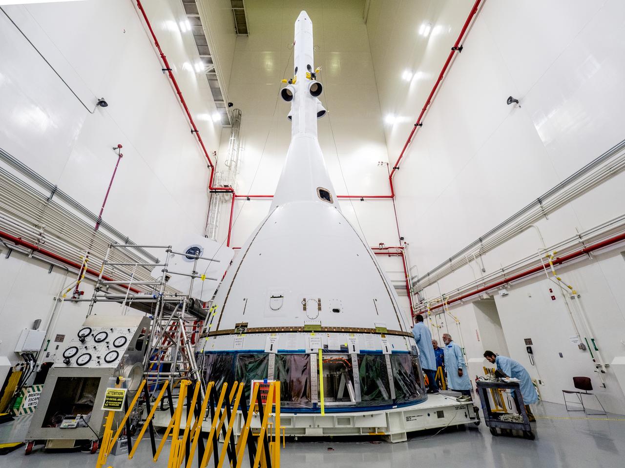 On May 2, 2019, engineers prepare Orion's Launch Abort System for the Ascent Abort-2 (AA-2) flight test.
