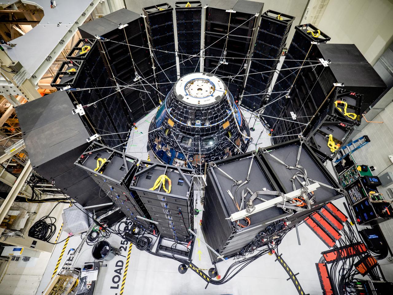 The Orion crew module for Artemis I, shown here on May 2, 2019, recently underwent Direct Field Acoustics Test (DFAT) where it was exposed to maximum acoustics levels that the vehicle will experience in space. Spacecraft response and sound pressure data were collected with microphones, strain gauges and accelerometers. The max decibel level was -12dB.