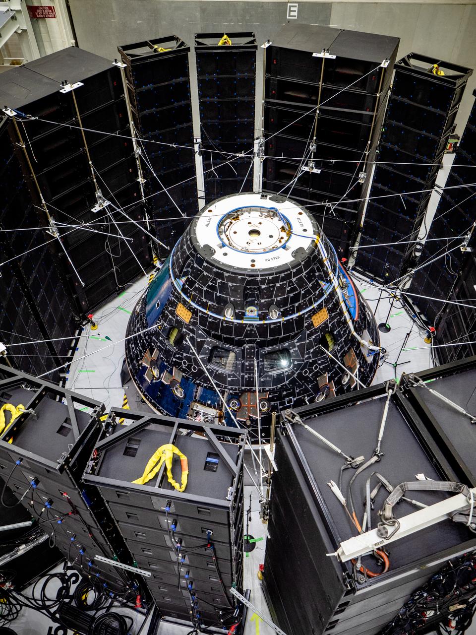 The Orion crew module for Artemis I, shown here on May 2, 2019, recently underwent Direct Field Acoustics Test (DFAT) where it was exposed to maximum acoustics levels that the vehicle will experience in space. Spacecraft response and sound pressure data were collected with microphones, strain gauges and accelerometers. The max decibel level was -12dB.