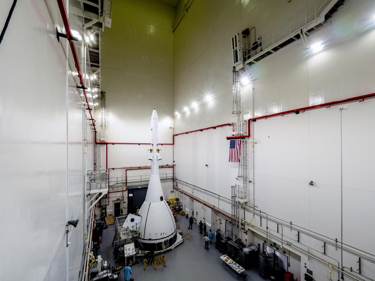 On May 2, 2019, engineers prepare Orion's Launch Abort System for the Ascent Abort-2 (AA-2) flight test.