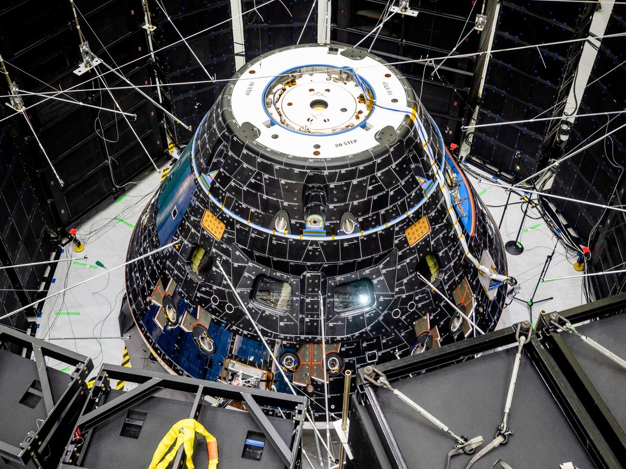 The Orion crew module for Artemis I, shown here on May 2, 2019, recently underwent Direct Field Acoustics Test (DFAT) where it was exposed to maximum acoustics levels that the vehicle will experience in space. Spacecraft response and sound pressure data were collected with microphones, strain gauges and accelerometers. The max decibel level was -12dB.