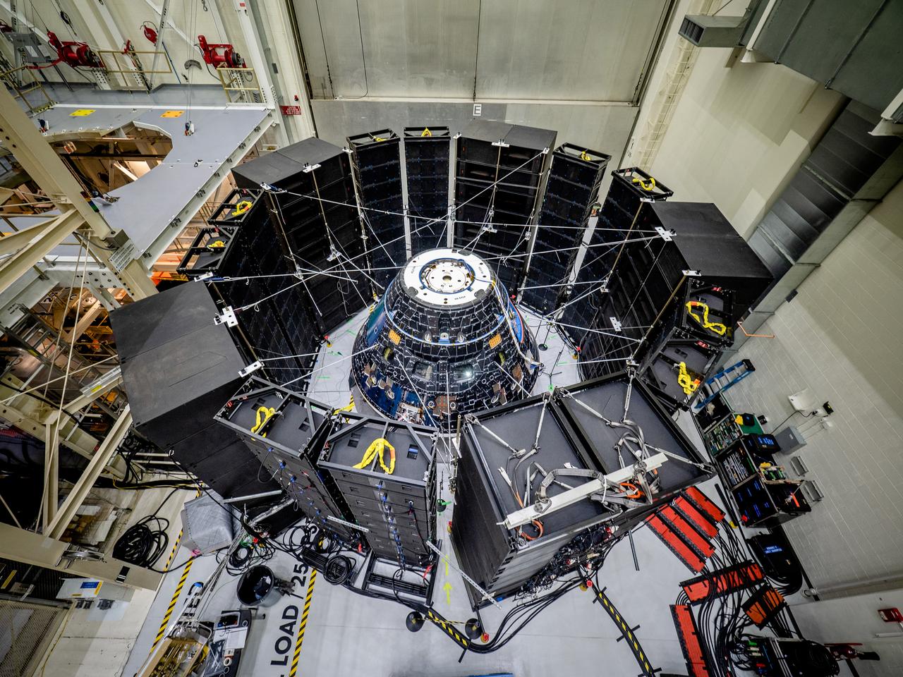 The Orion crew module for Artemis I, shown here on May 2, 2019, recently underwent Direct Field Acoustics Test (DFAT) where it was exposed to maximum acoustics levels that the vehicle will experience in space. Spacecraft response and sound pressure data were collected with microphones, strain gauges and accelerometers. The max decibel level was -12dB.