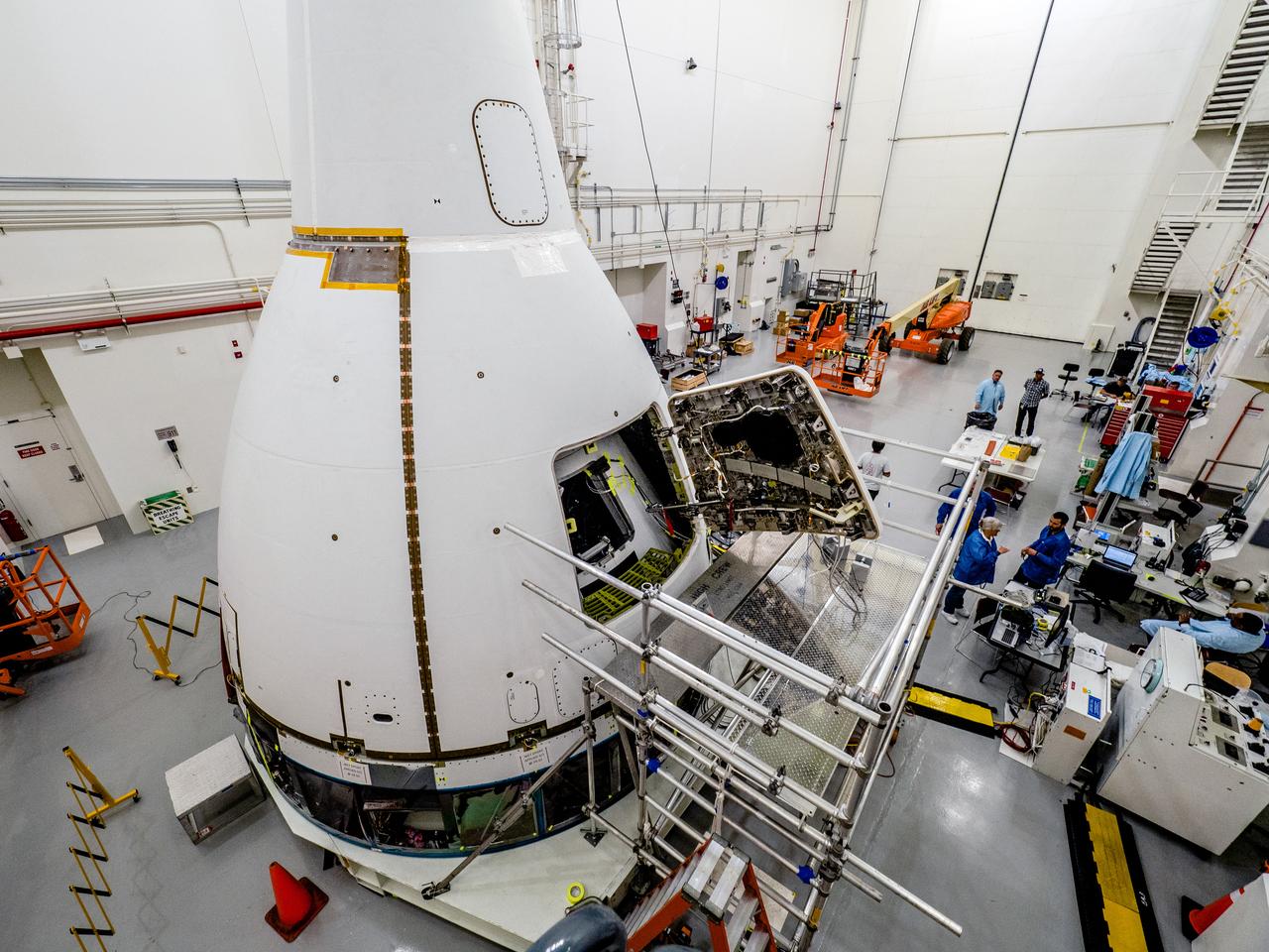 On May 2, 2019, engineers prepare Orion's Launch Abort System for the Ascent Abort-2 (AA-2) flight test.