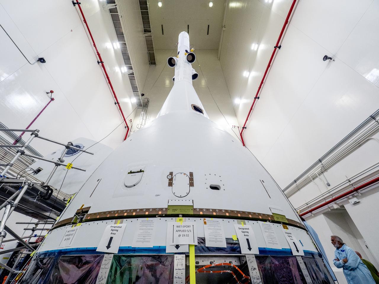 On May 2, 2019, engineers prepare Orion's Launch Abort System for the Ascent Abort-2 (AA-2) flight test.