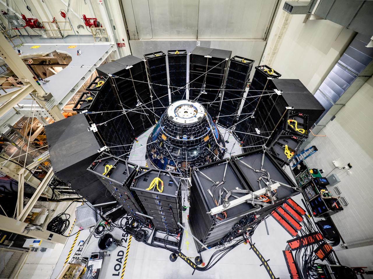 The Orion crew module for Artemis I, shown here on May 2, 2019, recently underwent Direct Field Acoustics Test (DFAT) where it was exposed to maximum acoustics levels that the vehicle will experience in space. Spacecraft response and sound pressure data were collected with microphones, strain gauges and accelerometers. The max decibel level was -12dB.