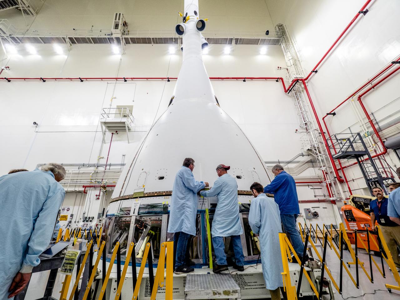 On May 2, 2019, engineers prepare Orion's Launch Abort System for the Ascent Abort-2 (AA-2) flight test.
